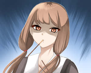 棕色雙馬尾的動漫女孩在藍色條紋背景上咬筷子。