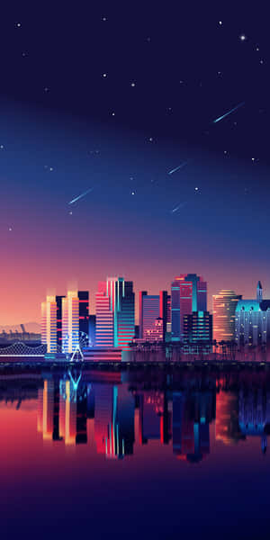 夜晚的霓虹城市天際線，水面倒映著星軌。