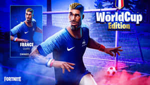 穿著法國世界盃版足球服的Fortnite玩家在球門附近。