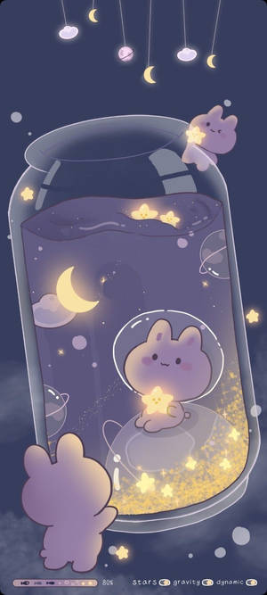 紫色兔子在玻璃罐中，與星星和月亮漂浮在夜空 — 20:9 壁紙