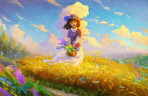戴紫色帽的女孩在金色田野中拿著花籃，藍天白雲下 — 開心 GIF 壁紙
