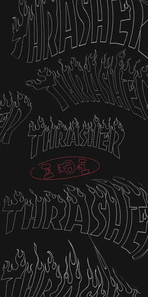黑色背景上重複的白色輪廓Thrasher標誌和火焰，一個紅色橢圓形標誌。