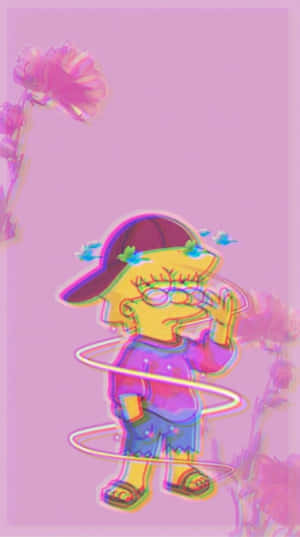 戴眼鏡和帽子的卡通男孩被發光的粉紅色花朵包圍。 — 美學 壁紙