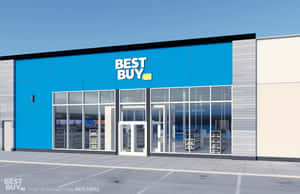Best Buy電子產品商店正面，玻璃門和藍色外觀。