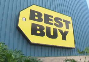 藍色金屬建築上的Best Buy商店標牌，下方有綠色植物