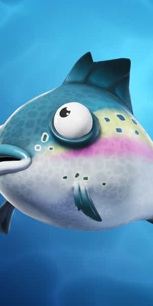 一條有大眼睛的卡通魚在藍色水中游泳。 — 18:9 壁紙