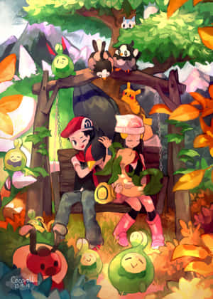 兩位Pokémon訓練家坐喺鞦韆上，森林入面有微笑嘅Pokémon圍住佢哋。
