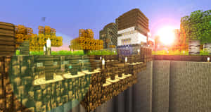 夕陽下懸崖邊的Minecraft村莊，閃爍的燈籠和秋樹。