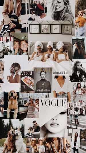 時尚拼貼畫，包含時尚模特兒、寵物和Vogue雜誌封面。