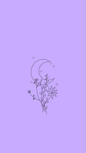 在薰衣草背景上以黑色線條繪製的彎月和花朵。 — 紫色花朵 壁紙