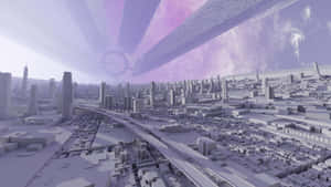 在紫色宇宙天空下，帶有發光天體結構的未來城市。 — 質量效應 壁紙