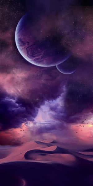 宇宙天空下，帶有漂浮行星和星星的紫色沙丘。 — Pixel 3 壁紙