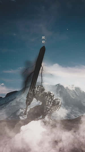 裝甲戰士在積雪的山頂上手持巨劍，在暴風雨的夜晚。