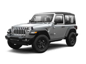 銀色Jeep Wrangler，黑色軟頂和輪胎，白色背景。