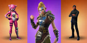 三個穿著不同服裝的 Fortnite 遊戲角色在漸變背景前擺姿勢。