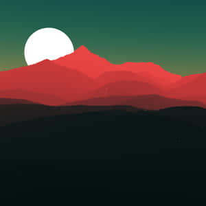 在綠色夜空中的白色月亮下，紅色層疊的山脈。 — iPad 壁紙