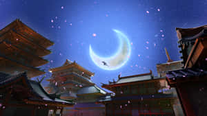 忍者夜間在日本寺廟屋頂上跳躍於月亮之上。 — 午夜 壁紙