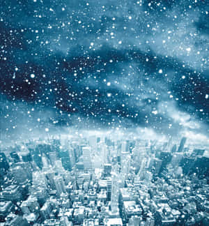 在繁星點點的夜空下，雪花飄落在城市天際線上。 — Galaxy Z Flip 8 壁紙