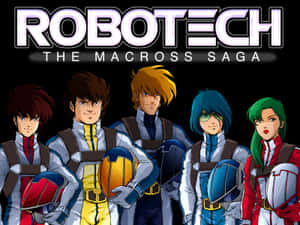 五個動畫角色穿著飛行裝備，手持頭盔，標題為 Robotech Macross Saga。