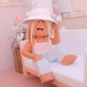 一個微笑的 Roblox 頭像戴著白帽，坐在粉紅色椅子上，房間以粉彩色調裝飾。