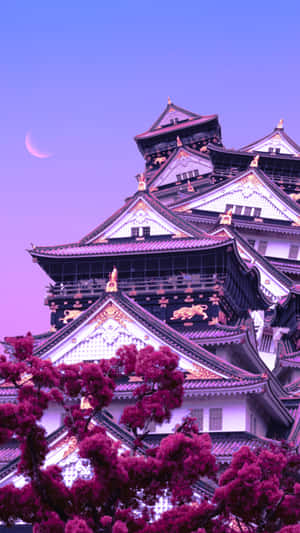黃昏時的日本城堡，粉紅色的樹木和新月 — 日本 壁紙