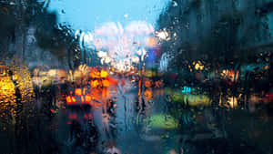 雨滴落在窗戶上，夜晚的城市燈光模糊不清。