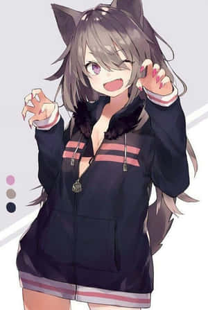 有貓耳和尾巴的動漫女孩穿著帶有粉紅色條紋的深色外套。