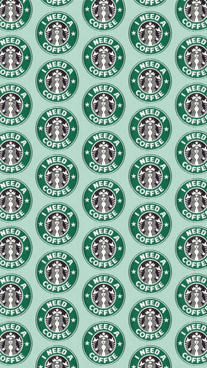 在薄荷綠色背景上重複的Starbucks標誌圖案，帶有文字I NEED A COFFEE。 — 圖案 壁紙