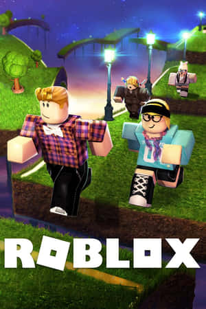 Roblox 角色在發光的夜間公園中漫步，有街燈和星星。