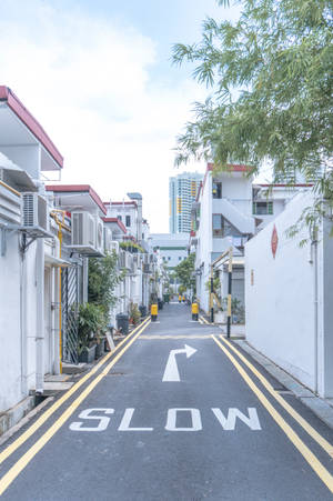 狹窄的城市小巷，白色建築物和黃色道路標記，在明亮的日光下。
