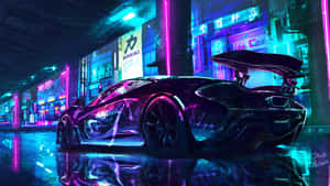 黑色McLaren跑車停在潮濕的街道上，下方是發光的霓虹招牌。