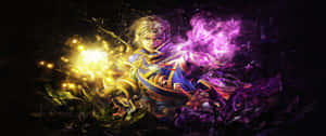 奇幻戰士在黑暗的戰鬥場景中揮舞發光的金色和紫色魔法。 — 昏暗 壁紙