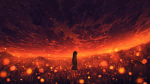 一個人在發光的花田中，站在火熱的星空下。 — 動漫打鬥 壁紙