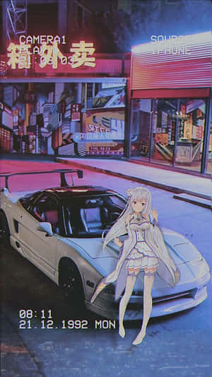 動漫女孩站在霓虹燈閃爍的街道上，旁邊是一輛白色跑車。