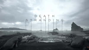 暴風雨天空下，黑沙灘上的死鯨和「Death Stranding」標題。
