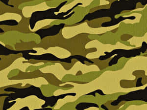 軍用迷彩圖案，在紋理布料上有綠色、黑色和棕褐色斑點。