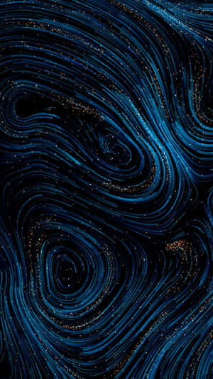 在黑色背景上，帶有金色星星的動態藍色宇宙漩渦。