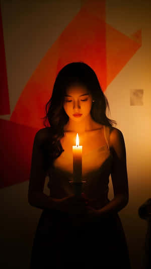 一位身穿深色連衣裙的女性在光線昏暗的房間裡手持點燃的蠟燭，牆上有紅色和橙色的幾何圖案。