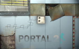 Portal 2 遊戲標誌在損壞的金屬牆上，帶有塗鴉和紅燈。