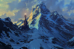 一座奇幻城堡坐落在雪山之上，日出時分。 — 日出 壁紙