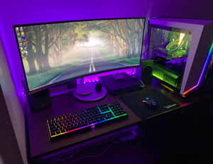 遊戲桌，配備 RGB 鍵盤滑鼠和發光 PC 機箱，在紫色燈光下。