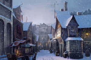 積雪的中世紀街道，夜晚窗戶發光，戶外擺放桌椅。
