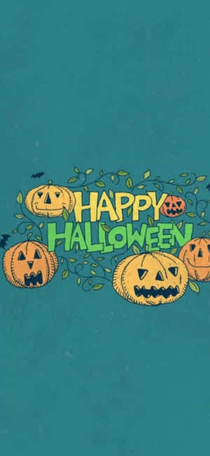 在青綠色背景上，帶有微笑南瓜和藤蔓的「Happy Halloween」文字。 — 萬聖節恐怖 壁紙