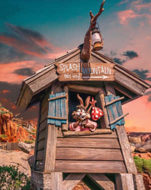 卡通兔仔喺日落時分喺有 Splash Mountain 標誌嘅木屋仔揮手。