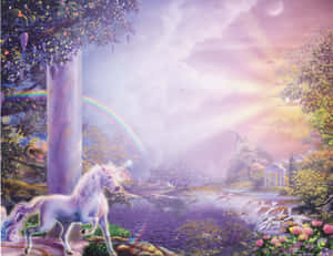 日落時分，白色獨角獸靠近瀑布和城堡上空的彩虹。 — 彩虹小馬 壁紙