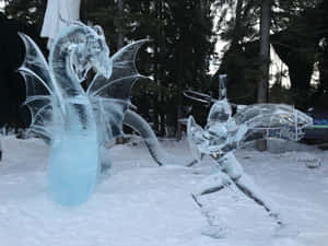 雪地森林黃昏時的騎士與龍冰雕 — 黃昏 壁紙