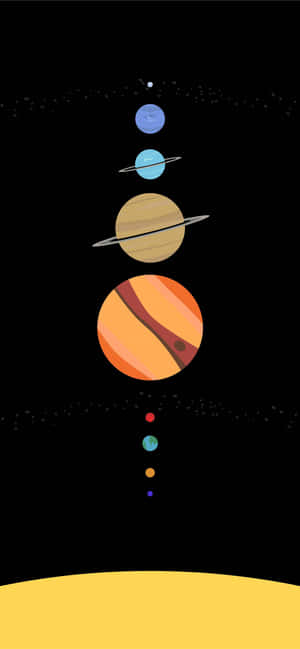 在黃色地平線之上的星空中，帶有光環的風格化行星的垂直排列。 — Moto E 壁紙