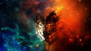 在充滿活力的宇宙星雲中，狼頭有一隻發光的眼睛 — 狼 壁紙
