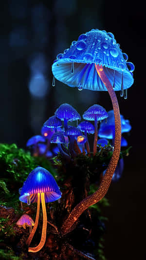 夜間長滿苔蘚的森林地面上發光的藍色蘑菇帶有露珠