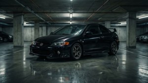 黑色跑車停在昏暗的地下車庫，地面濕滑反光。